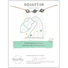 SoulKu Zodiac Stone Necklace, Astrology Jewelry With Healing Crystal, Horoscope Necklace For Strong Women, Mom & Sister, 16" Cord with 2" Sterling Silver Extender (Moss Agate, Aquarius)