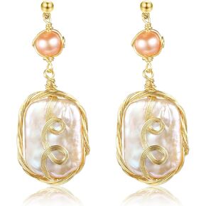 UOXWOWXOU Baroque Freshwater Pearl Dangle Drop Earrings for Women Purple & Pink Wire Wrap Gold Stud Earrings Pearl Jewelry with Best Gift for Wife MOM Lover Her (14K Gold Plated)