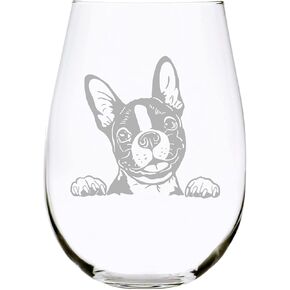 Boston Terrier themed dog stemless wine glass, 17 oz. in Saudi Arabia