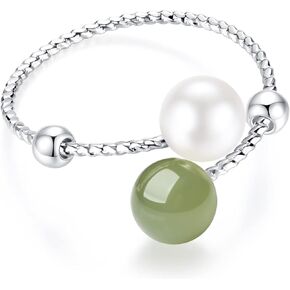 Silver Open Ring Adjustable Handmade Hetian Green Jade Crystal Pearl Ring Wedding Jewelry Christmas Birthday Gift for Women (S925 Jade&Pearl Ring) in Kuwait