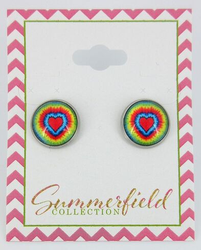Stainless Steel Tie Dye Print Glass Stud Earrings 12mm (Aqua/Blue/Pink/Green) in Saudi Arabia