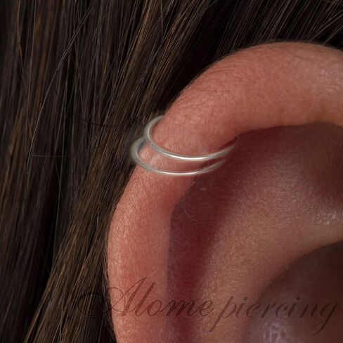 Tiny Silver Double Hoop Helix Ring - 20 Gauge Snug Double Helix Piercing - Thin Hammard Silver Helix Hoop in Saudi Arabia