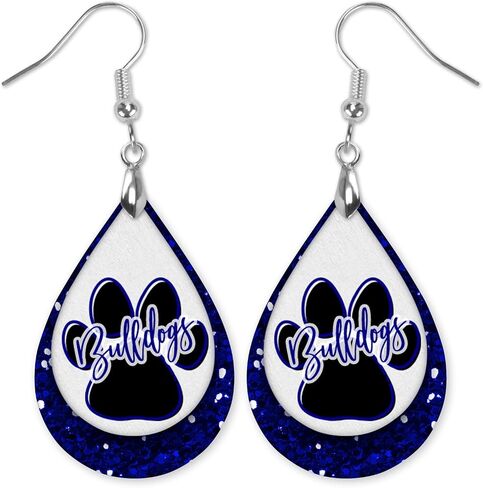 Bulldogs Blue & White Team School Football Dangle Earrings Teardrop MDF Wood Sports Fan Jewelry for Women Handmade by The Painted Pug (Blue White Lg Pawprint) (Front Side Image Only) in Kuwait