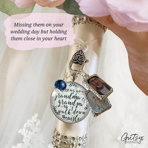 Bouquet Charm Missing Grandma and Grandpa Bridal Jewelry 1 Frame Wedding Memorial White Silvertone Something Blue Bead DIY Picture Template in Kuwait