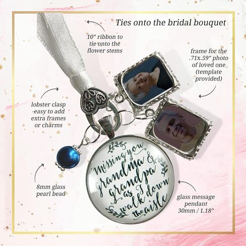 Bouquet Charm Missing Grandma and Grandpa Bridal Jewelry 1 Frame Wedding Memorial White Silvertone Something Blue Bead DIY Picture Template in Kuwait