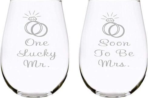 C & M Personal Gifts 17 oz Wine Glasses (Set of 2) One Lucky Mr. and Soon To Be Mrs. Etched Stemless Glasses Set Made from Lead-Free Crystal-Clear Glass – Ideal Gift for Engagement in Saudi Arabia