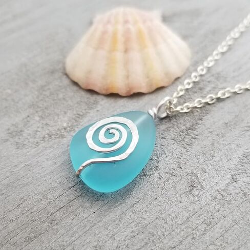 Moana inspired Hawaii hammered swirls sea glass necklace, (Hawaii Gift Wrapped, Customizable Gift Message) (Non-Personalized) in Saudi Arabia