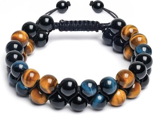 أساور Vicsoon للرجال والنساء، سوار حماية ثلاثي مع 8 مم من حجر السج الأزرق والأصفر عين النمر الأسود، سوار مصنوع يدويًا من حجر الشفاء قابل للتعديل، مجوهرات كريستال خرز تجلب الحظ والسعادة in Kuwait