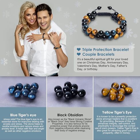 أساور Vicsoon للرجال والنساء، سوار حماية ثلاثي مع 8 مم من حجر السج الأزرق والأصفر عين النمر الأسود، سوار مصنوع يدويًا من حجر الشفاء قابل للتعديل، مجوهرات كريستال خرز تجلب الحظ والسعادة in Kuwait