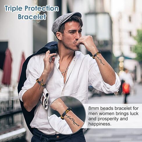 أساور Vicsoon للرجال والنساء، سوار حماية ثلاثي مع 8 مم من حجر السج الأزرق والأصفر عين النمر الأسود، سوار مصنوع يدويًا من حجر الشفاء قابل للتعديل، مجوهرات كريستال خرز تجلب الحظ والسعادة in Kuwait
