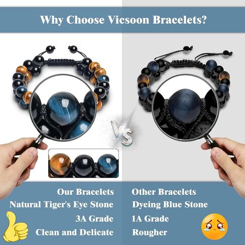 أساور Vicsoon للرجال والنساء، سوار حماية ثلاثي مع 8 مم من حجر السج الأزرق والأصفر عين النمر الأسود، سوار مصنوع يدويًا من حجر الشفاء قابل للتعديل، مجوهرات كريستال خرز تجلب الحظ والسعادة in Kuwait