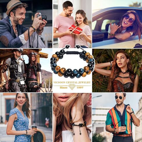 أساور Vicsoon للرجال والنساء، سوار حماية ثلاثي مع 8 مم من حجر السج الأزرق والأصفر عين النمر الأسود، سوار مصنوع يدويًا من حجر الشفاء قابل للتعديل، مجوهرات كريستال خرز تجلب الحظ والسعادة in Kuwait