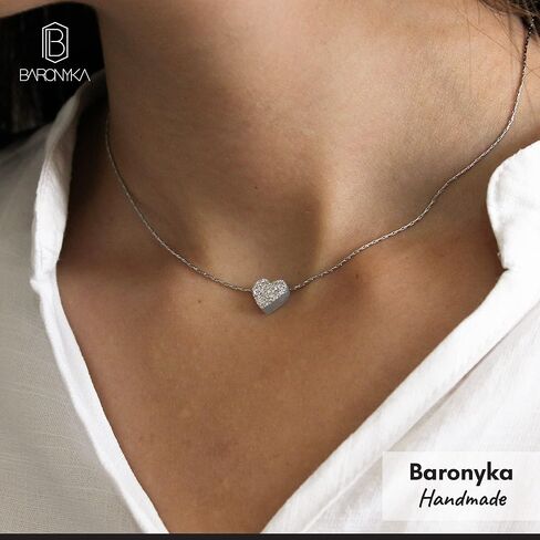 Baronyka Handmade Dainty Heart Pendant Necklace for Women, Stainless Steel, 15" to 17" (Silver-Plated) in Kuwait