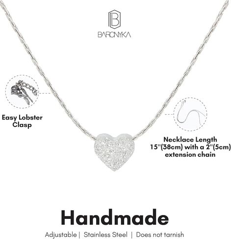 Baronyka Handmade Dainty Heart Pendant Necklace for Women, Stainless Steel, 15" to 17" (Silver-Plated) in Kuwait