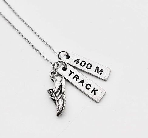 Pewter RUN TRACK 400M Necklace - Pewter Running Shoe Charm, Pewter TRACK Pendant and Pewter 400M Pendant on 18 inch Stainless Steel Cable Chain - All Pewter in Saudi Arabia