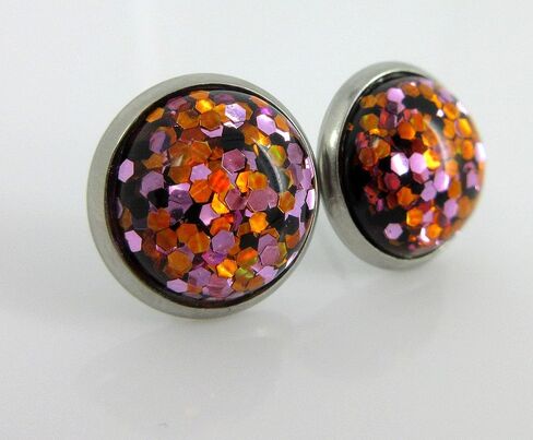 Summerfield Collection Stainless Steel Halloween Glitter Resin Stud Earrings 12mm Purple Orange Black in Saudi Arabia