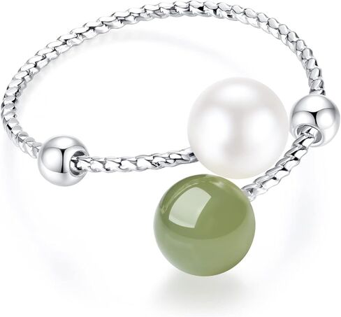 Silver Open Ring Adjustable Handmade Hetian Green Jade Crystal Pearl Ring Wedding Jewelry Christmas Birthday Gift for Women (S925 Jade&Pearl Ring) in Kuwait