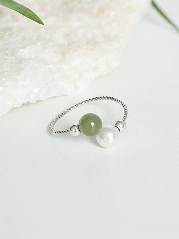Silver Open Ring Adjustable Handmade Hetian Green Jade Crystal Pearl Ring Wedding Jewelry Christmas Birthday Gift for Women (S925 Jade&Pearl Ring) in Kuwait