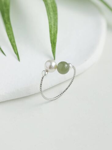 Silver Open Ring Adjustable Handmade Hetian Green Jade Crystal Pearl Ring Wedding Jewelry Christmas Birthday Gift for Women (S925 Jade&Pearl Ring) in Kuwait