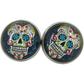 Summerfield Collection Stainless Steel Black Sugar Skull Printed Glass Stud Earrings 12mm in Saudi Arabia