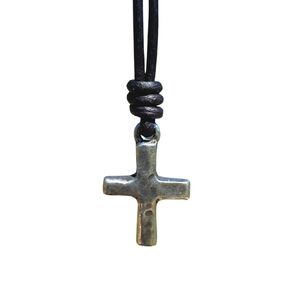 Small Hammered Cross Necklace - Religious Jewelry, Mens Faith, Catholic Women, Men Gifts, Protect Us, Father Christmas Gift, Best Friend (Antique Gold, Tan Leather)