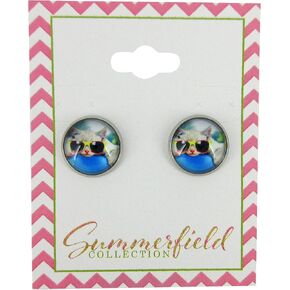 Summerfield Collection Stainless Steel Cool Cat in Sunglasses Print Glass Stud Earrings 12mm in Saudi Arabia