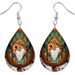 Aztec Bull Skull Earrings - Rustic Earrings - Western Earrings - Teardrop Earrings - Raindrop Earrings - Wood Printed Earrings in Kuwait