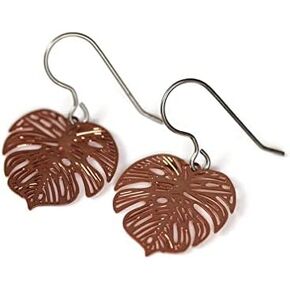 Black Monstera Leaf Dangle Earrings Lightweight Metal Cutout on Hypoallergenic Titanium Hooks (18mm, Black) in Kuwait