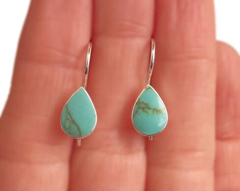 925 Sterling Silver Pear Shape 8x11mm Reconstructed Turquoise GemStone Dangle Hook Earrings for women | Handmade by MiYa Jewelry Creations in Saudi Arabia