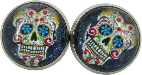 Summerfield Collection Stainless Steel Black Sugar Skull Printed Glass Stud Earrings 12mm in Saudi Arabia