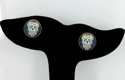 Summerfield Collection Stainless Steel Black Sugar Skull Printed Glass Stud Earrings 12mm in Saudi Arabia