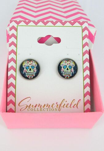 Summerfield Collection Stainless Steel Black Sugar Skull Printed Glass Stud Earrings 12mm in Saudi Arabia