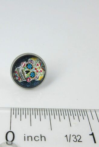Summerfield Collection Stainless Steel Black Sugar Skull Printed Glass Stud Earrings 12mm in Saudi Arabia