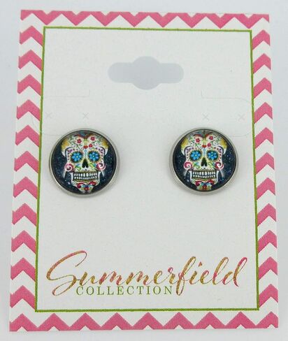 Summerfield Collection Stainless Steel Black Sugar Skull Printed Glass Stud Earrings 12mm in Saudi Arabia