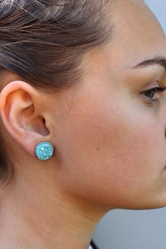 Silver-tone Pastel AB Faux Druzy Stone Stud Earrings 12mm (Aqua Blue) in Saudi Arabia