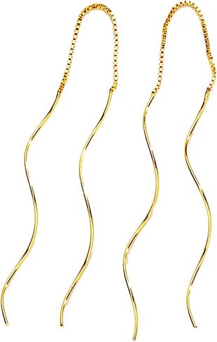 Handmade Double Spiral Threader Earrings,Hand Bent Dangle Earrings Hypoallergenic Twist Chain Wave Tassel Curved Pull Through Earrings Jewelry for Women(Black) in Kuwait