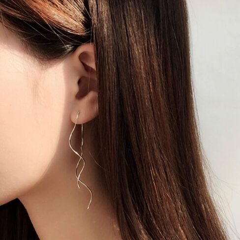 Handmade Double Spiral Threader Earrings,Hand Bent Dangle Earrings Hypoallergenic Twist Chain Wave Tassel Curved Pull Through Earrings Jewelry for Women(Black) in Kuwait