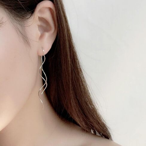 Handmade Double Spiral Threader Earrings,Hand Bent Dangle Earrings Hypoallergenic Twist Chain Wave Tassel Curved Pull Through Earrings Jewelry for Women(Black) in Kuwait