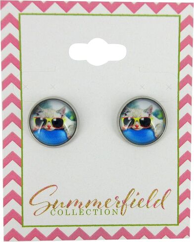 Summerfield Collection Stainless Steel Cool Cat in Sunglasses Print Glass Stud Earrings 12mm in Saudi Arabia