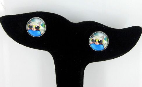Summerfield Collection Stainless Steel Cool Cat in Sunglasses Print Glass Stud Earrings 12mm in Saudi Arabia