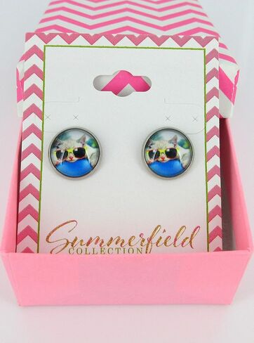 Summerfield Collection Stainless Steel Cool Cat in Sunglasses Print Glass Stud Earrings 12mm in Saudi Arabia