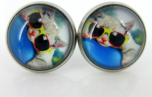 Summerfield Collection Stainless Steel Cool Cat in Sunglasses Print Glass Stud Earrings 12mm in Saudi Arabia