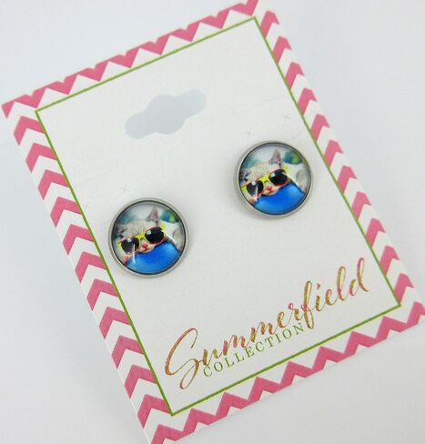 Summerfield Collection Stainless Steel Cool Cat in Sunglasses Print Glass Stud Earrings 12mm in Saudi Arabia