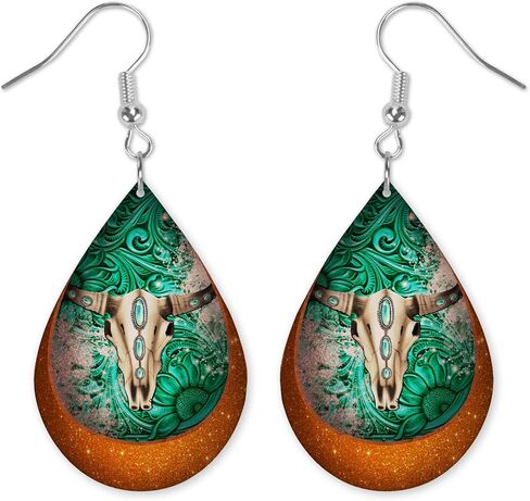 Aztec Bull Skull Earrings - Rustic Earrings - Western Earrings - Teardrop Earrings - Raindrop Earrings - Wood Printed Earrings in Kuwait