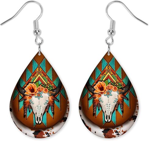 Aztec Bull Skull Earrings - Rustic Earrings - Western Earrings - Teardrop Earrings - Raindrop Earrings - Wood Printed Earrings in Kuwait