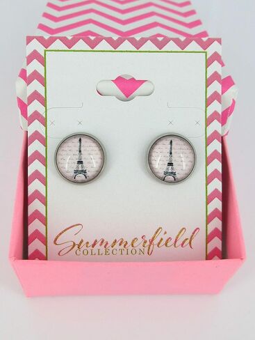 Summerfield Collection Stainless Steel Eiffel Tower Print Glass Stud Earrings 12mm Pink Black in Saudi Arabia