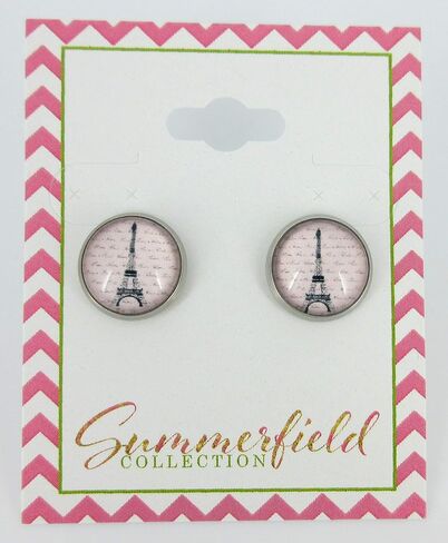 Summerfield Collection Stainless Steel Eiffel Tower Print Glass Stud Earrings 12mm Pink Black in Saudi Arabia