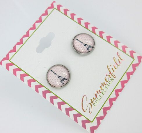 Summerfield Collection Stainless Steel Eiffel Tower Print Glass Stud Earrings 12mm Pink Black in Saudi Arabia
