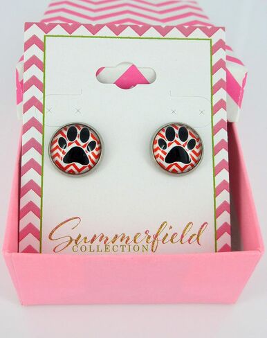 Stainless Steel Chevron and Black Paw Print Glass Stud Earrings 12mm (Red) in Saudi Arabia