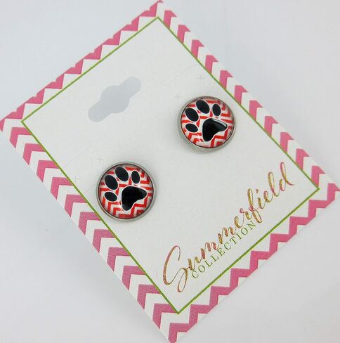 Stainless Steel Chevron and Black Paw Print Glass Stud Earrings 12mm (Red) in Saudi Arabia